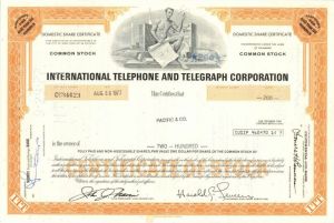 International Telephone and Telegraph Corporation - ITT - Stock Certificate