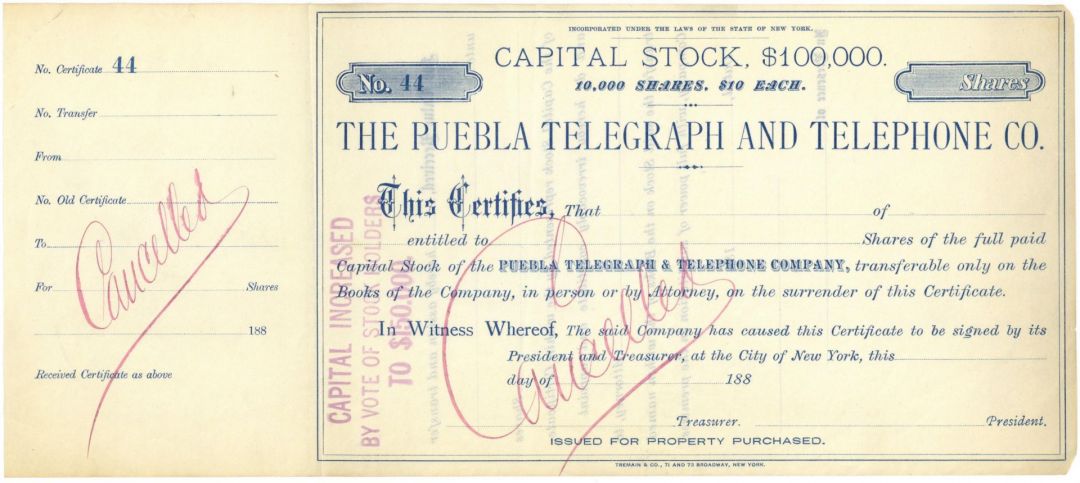 Puebla Telegraph and Telephone Co. - Unissued Telecommunications Stock Certificate