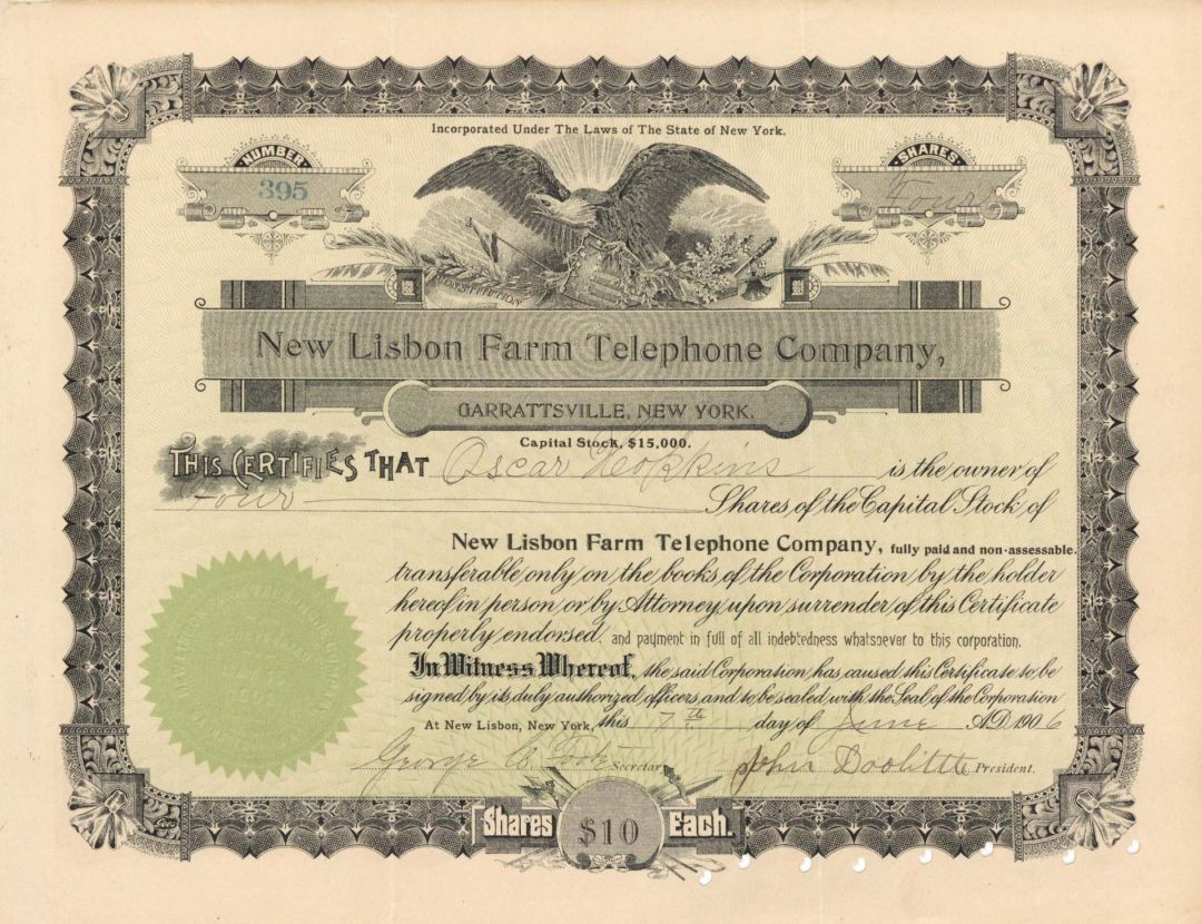 New Lisbon Farm Telephone Co., Garrattsville, New York - 1906 dated Stock Certificate