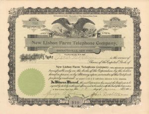 New Lisbon Farm Telephone Co., Garrattsville, New York - 1906 dated Stock Certificate
