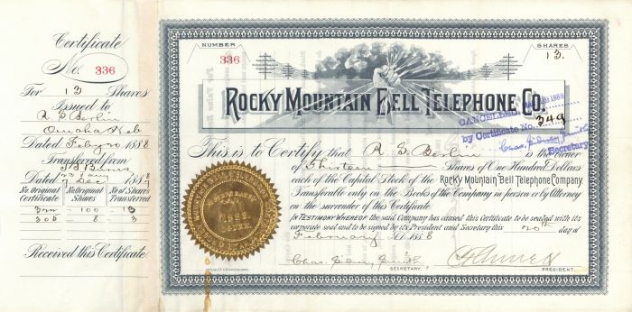 Rocky Mountain Bell Telephone Co.  -  Stock Certificate