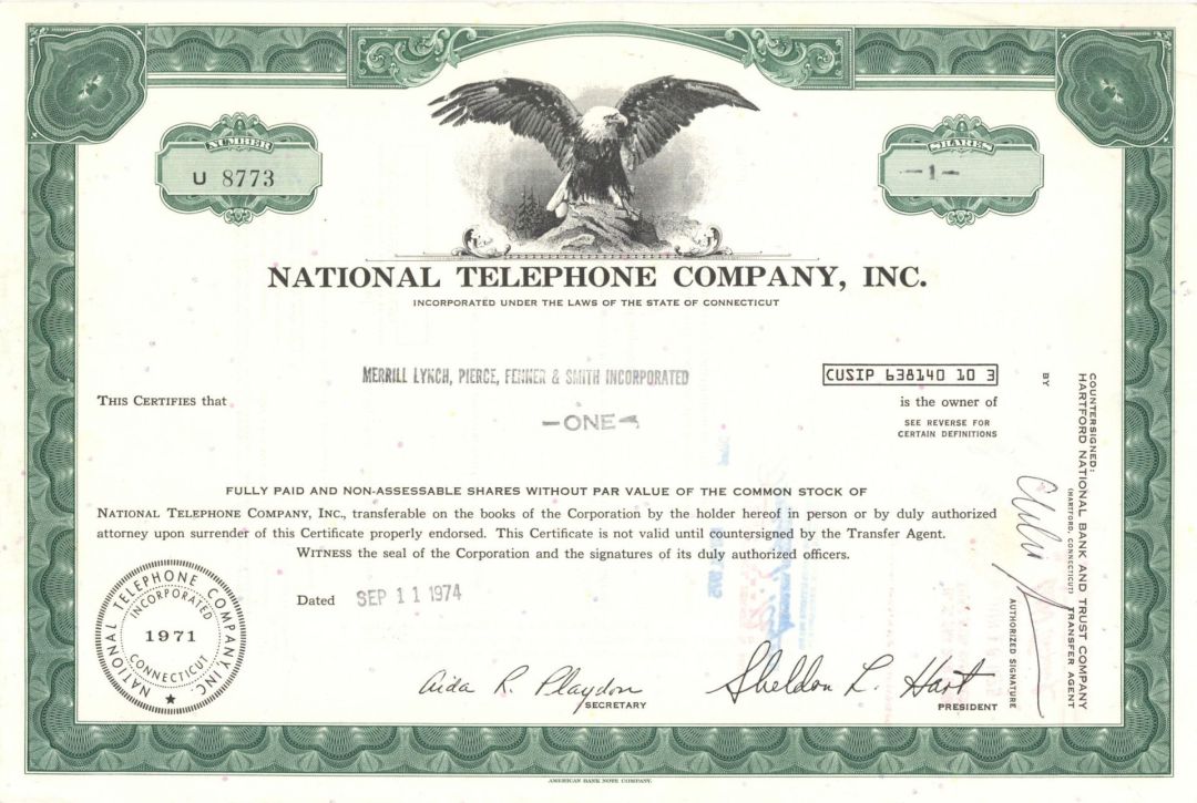 National Telephone Company, Inc. - 1974 or 1975 Telephone and Telegraph Stock Certificate