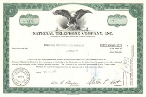 National Telephone Company, Inc. - 1974 or 1975 Telephone and Telegraph Stock Certificate