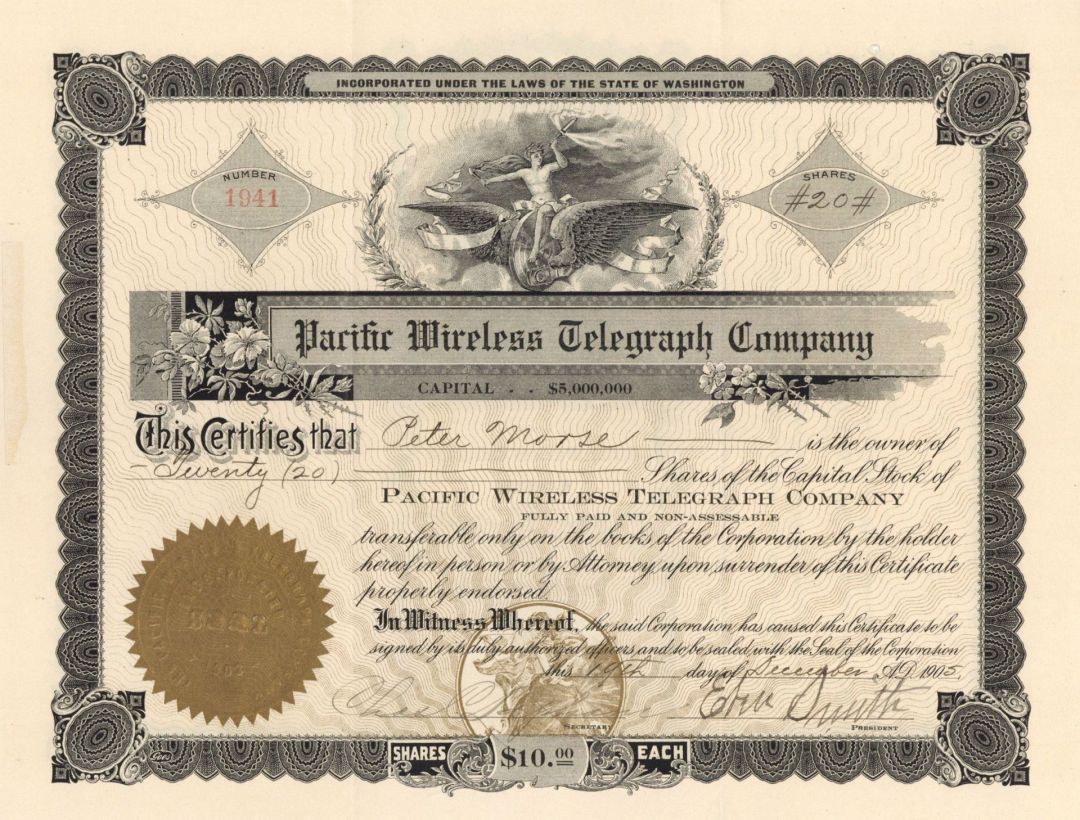 Pacific Wireless Telegraph Co. - 1905 dated Telegraph Stock Certificate