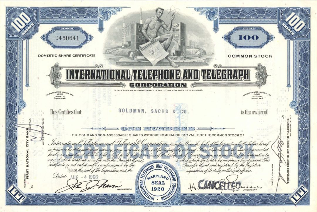 International Telephone and Telegraph Corp. Issued to Goldman, Sachs and Co.- ITT - 1966 dated Utility Stock Certificate
