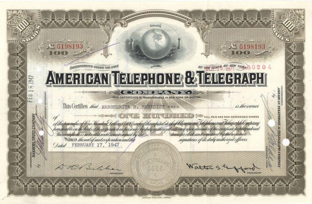 American Telephone and Telegraph - dated 1947 or 1956 Communications Stock Certificate - AT&T