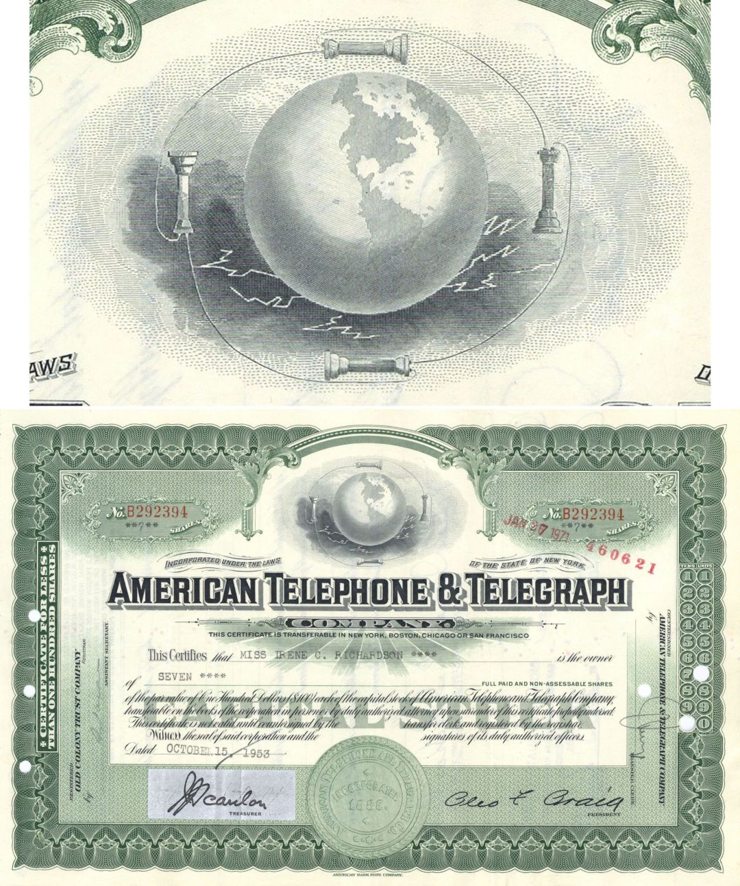 American Telephone and Telegraph - dated 1940's-50's Communications Stock Certificate - AT&T