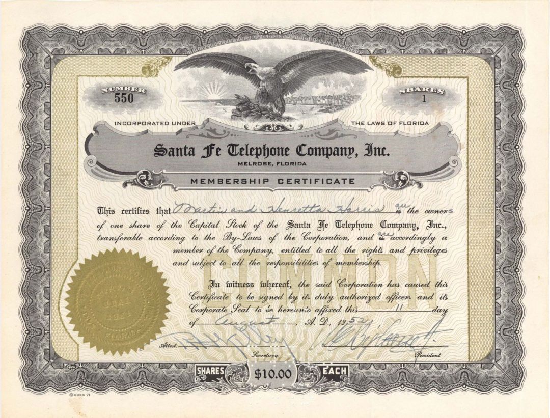 Santa Fe Telephone Company, Inc. - 1950's dated Stock Certificate