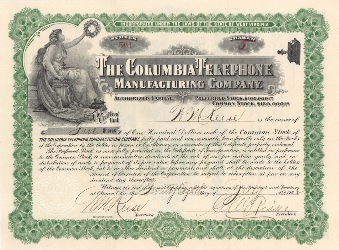 Columbia Telephone Manufacturing Co. - 1902 dated Stock Certificate