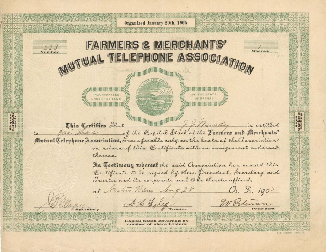 Farmers and Merchants' Mutual Telephone Assoc. - 1905 dated Stock Certificate