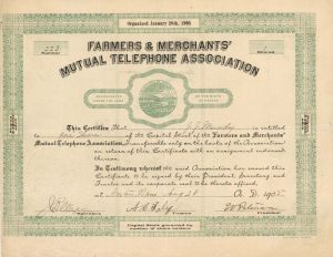 Farmers and Merchants' Mutual Telephone Assoc. - 1905 dated Stock Certificate