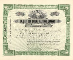 Overland and Marine Telegraph Co. - 1904 dated Stock Certificate