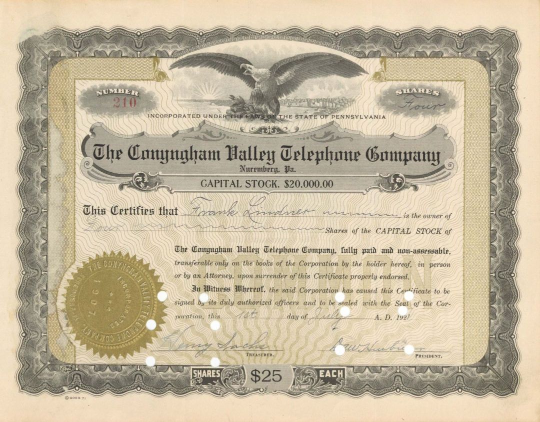 Conyngham Valley Telephone Co. - 1921 dated Stock Certificate