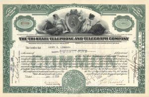 Tri-State Telephone and Telegraph Co. - 1929 dated Stock Certificate