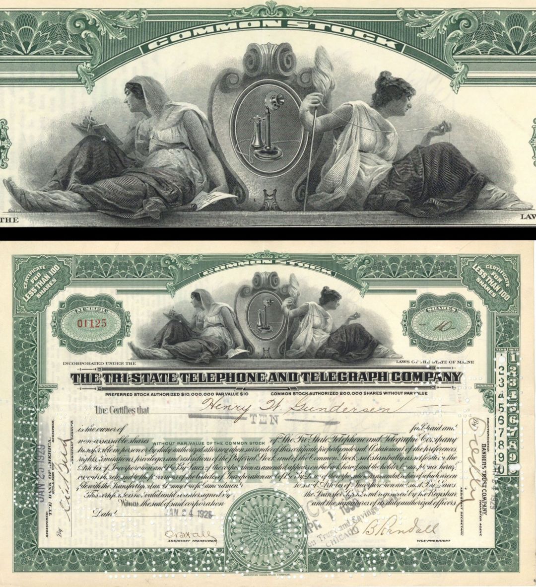 Tri-State Telephone and Telegraph Co. - 1929 dated Stock Certificate