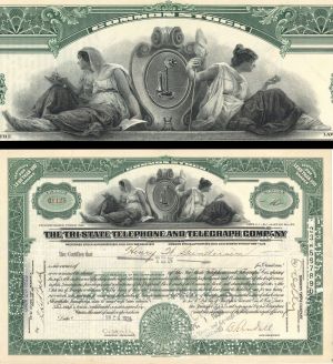 Tri-State Telephone and Telegraph Co. - 1929 dated Stock Certificate