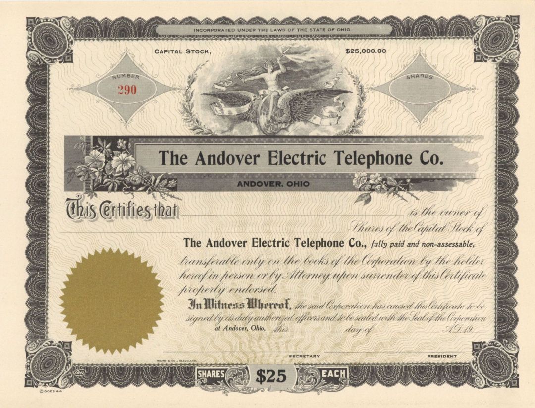 Andover Electric Telephone Co. - Unissued Telephone Stock Certificate