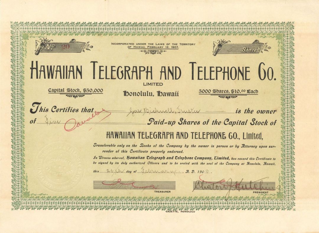 Hawaiian Telegraph and Telephone Co. Limited - 1909 dated Telephone Stock Certificate