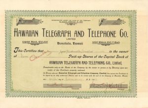 Hawaiian Telegraph and Telephone Co. Limited - 1909 dated Telephone Stock Certificate