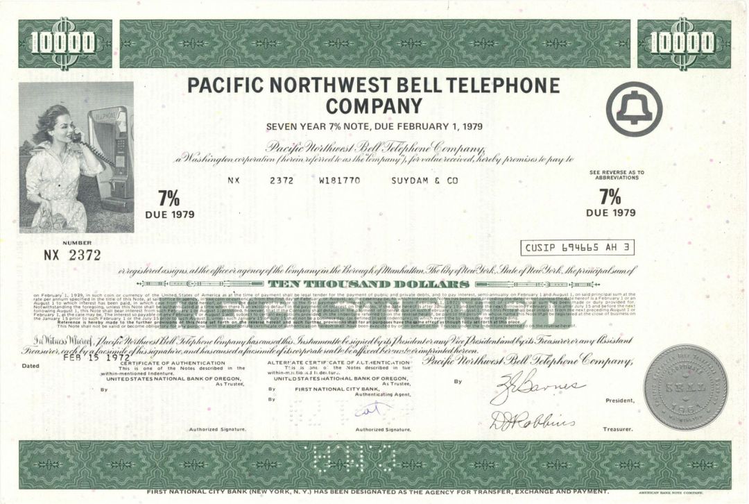 Pacific Northwest Bell Telephone Co. -  1972-1979 dated $10,000 or $5,000 Bond 