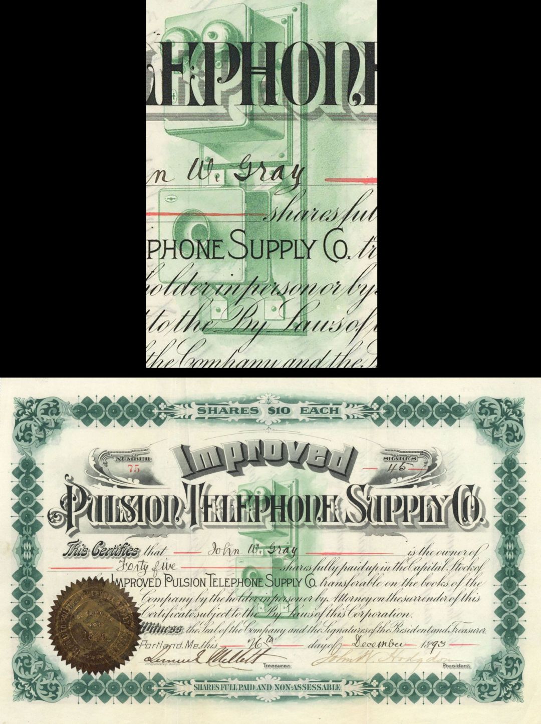 Improved Pulsion Telephone Supply Co. -  1893 dated Stock Certificate