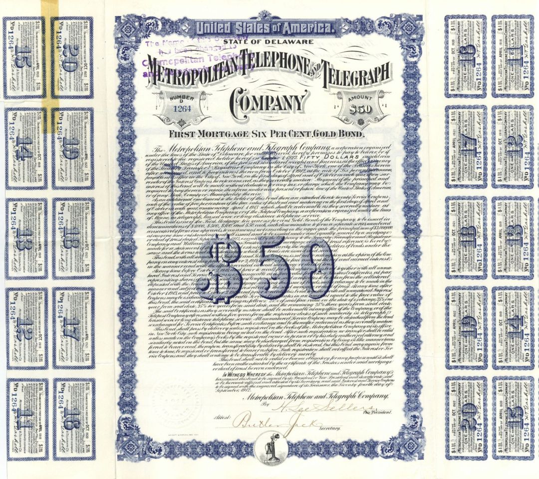 Metropolitan Telephone and Telegraph Co. -  1912 dated $50 Bond