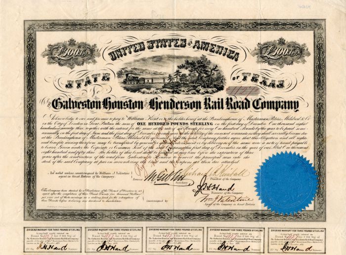 Galveston, Houston and Henderson Railroad Co. - £100 - Bond (Uncanceled)