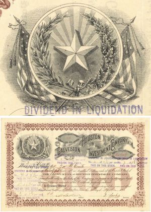 Galveston and Houston Investment Co. - 1891 dated Texas Stock Certificate - Galveston, Texas and Houston, Texas