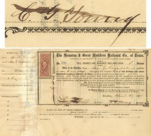 Houston and Great Northern Railroad Co. of Texas signed by Charles Glidden Young - 1871-1874 dated Texas Railway Stock Certificate