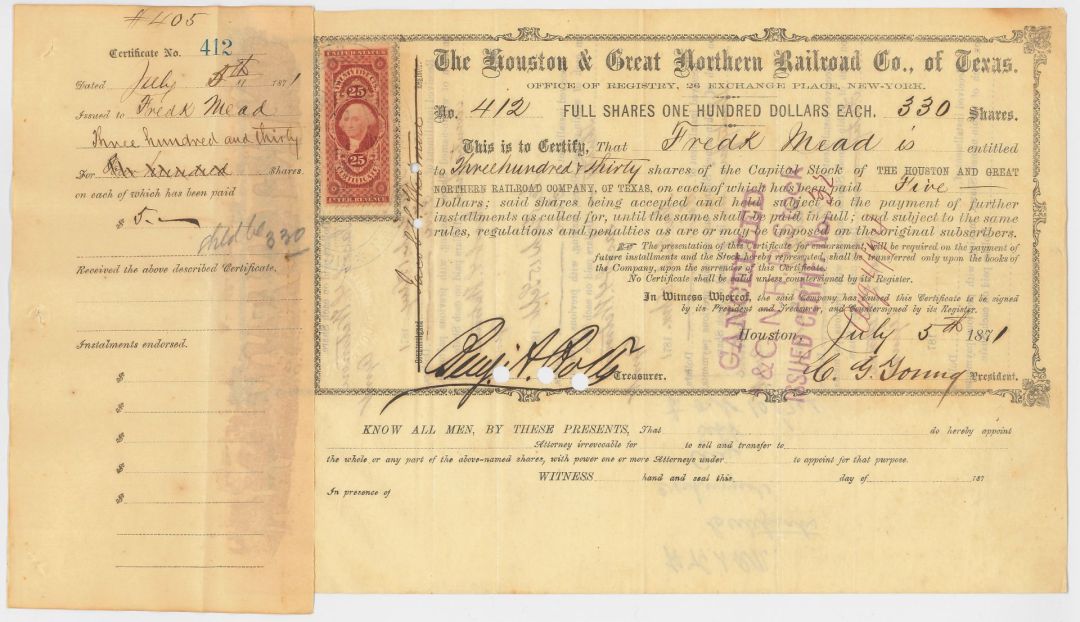 Houston and Great Northern Railroad Co. of Texas - 1871-1874 dated Texas Railway Stock Certificate