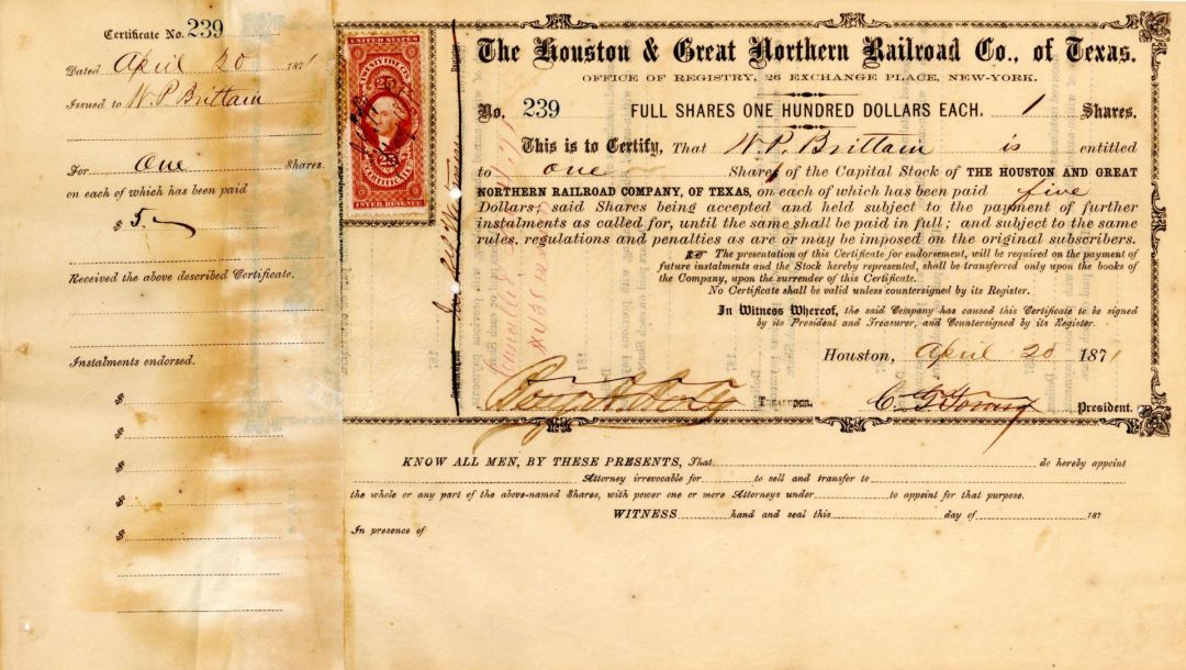 Houston and Great Northern Railroad Co. of Texas -  1871-1874 dated Stock Certificate