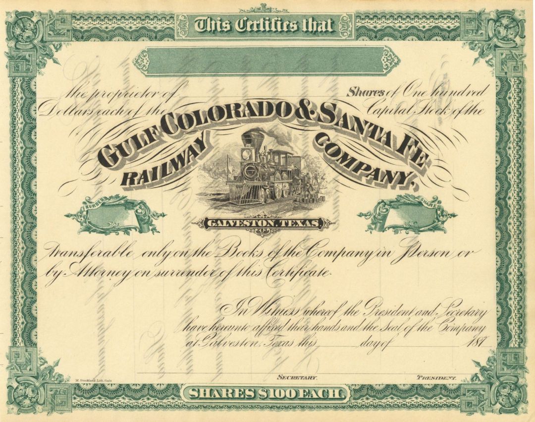 Gulf Colorado & Santa Fe Railway Co. - Texas and Oklahoma Railroad Unissued Stock Certificate