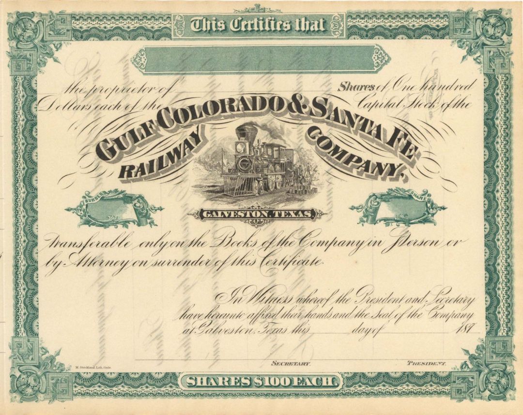 Gulf, Colorado & Santa Fe Railway Co. - 1870's dated Texas and Oklahoma Railroad Unissued Stock Certificate