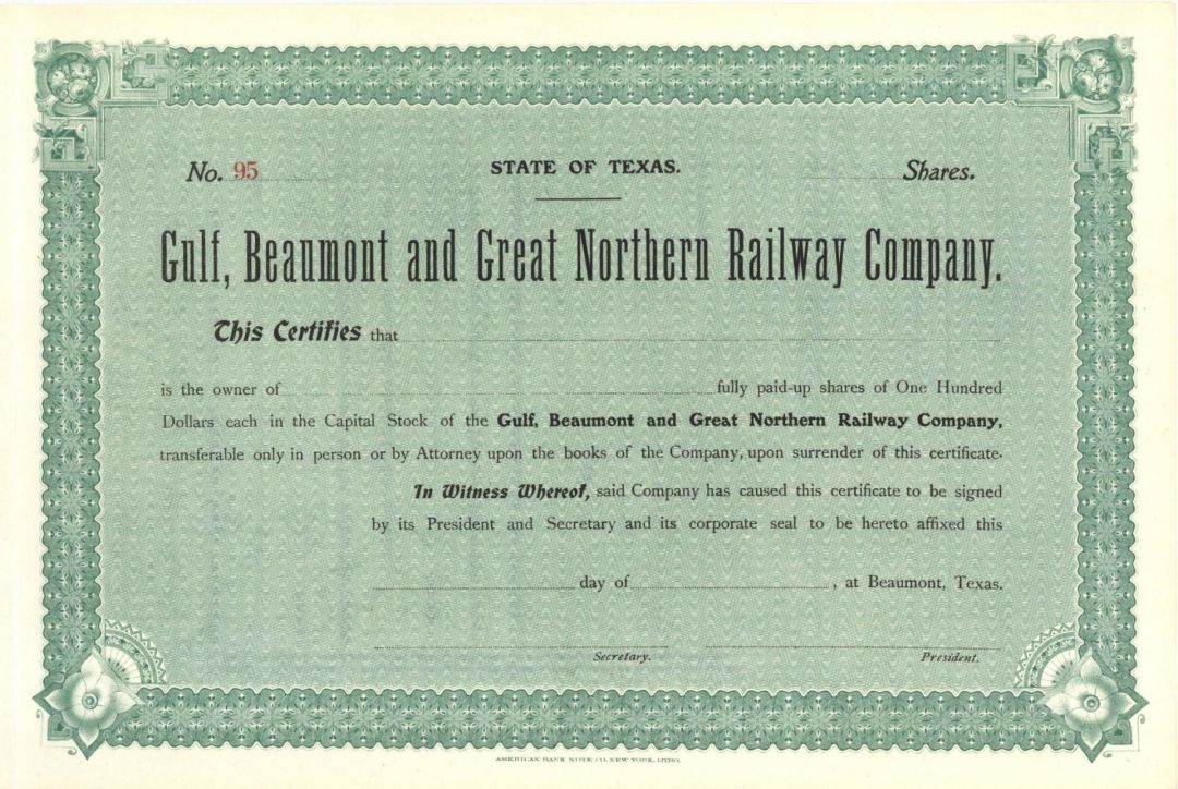 Gulf, Beaumont and Great Northern Railway Co. - circa 1910's Unissued Texas Railroad Stock Certificate