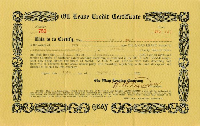 Okay Leasing Co. Certificate