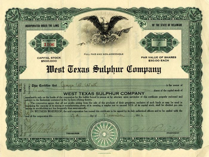 West Texas Sulphur Co. - Stock Certificate