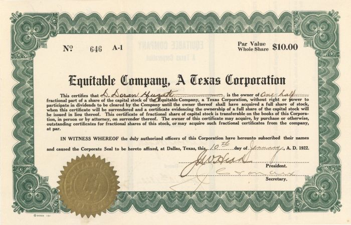 Equitable Co., A Texas Corporation - 1922 dated Stock Certificate