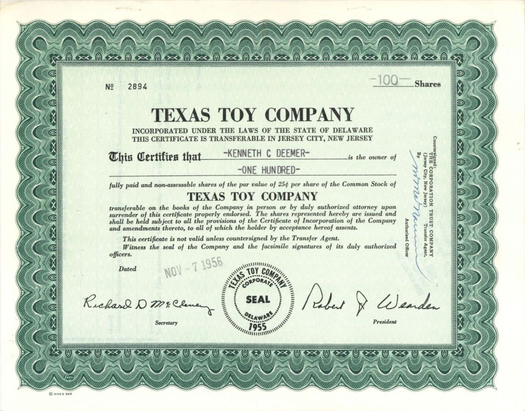Texas Toy Company - 1956 or 1958 Texas Stock Certificate