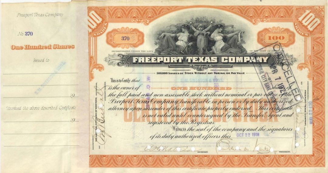 Freeport Texas Co. - 1918 dated Stock Certificate