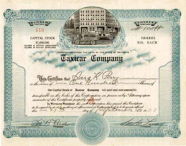 Taxicar Co. - Stock Certificate (Uncanceled)