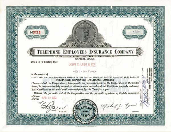 Telephone Employees Insurance Co - Stock Certificate