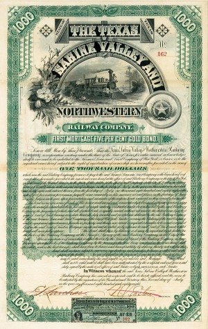 Texas Sabine Valley and Northwestern Railway - 1888 dated Texas $1,000 Bond