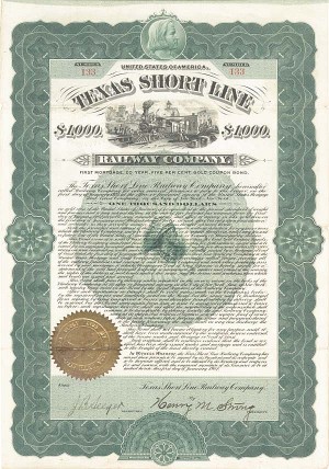 Texas Short Line Railway - Bond (Uncanceled)