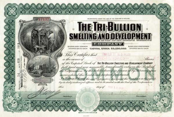 Tri-Bullion Smelting and Development Co. - Mining Stock Certificate