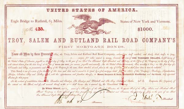 Troy, Salem, and Rutland Railroad $1,000 Mortgage Bond signed twice by Jay Gould 