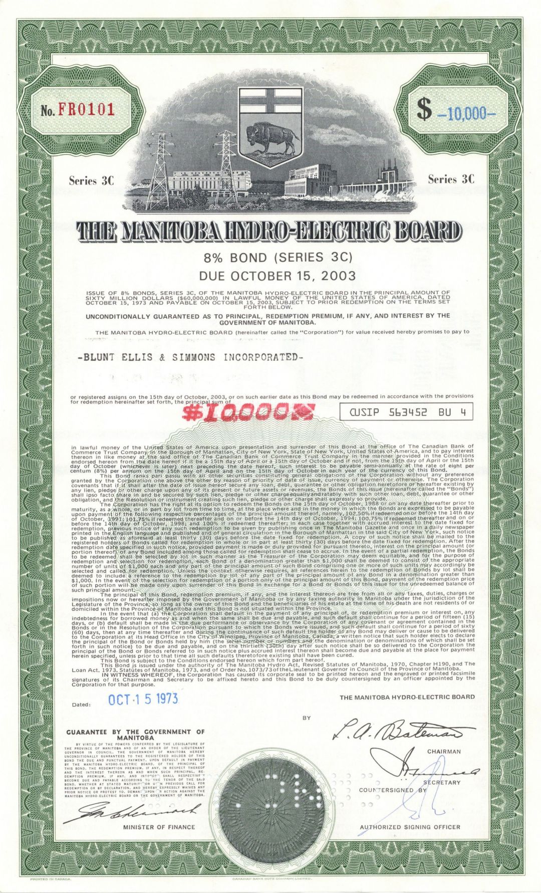 Manitoba Hydro-Electric Board - 1980 dated $1,000 Canadian Utility Bond