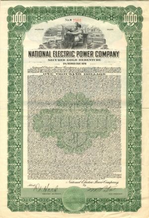 National Electric Power Company - $1,000 Bond (Uncanceled)