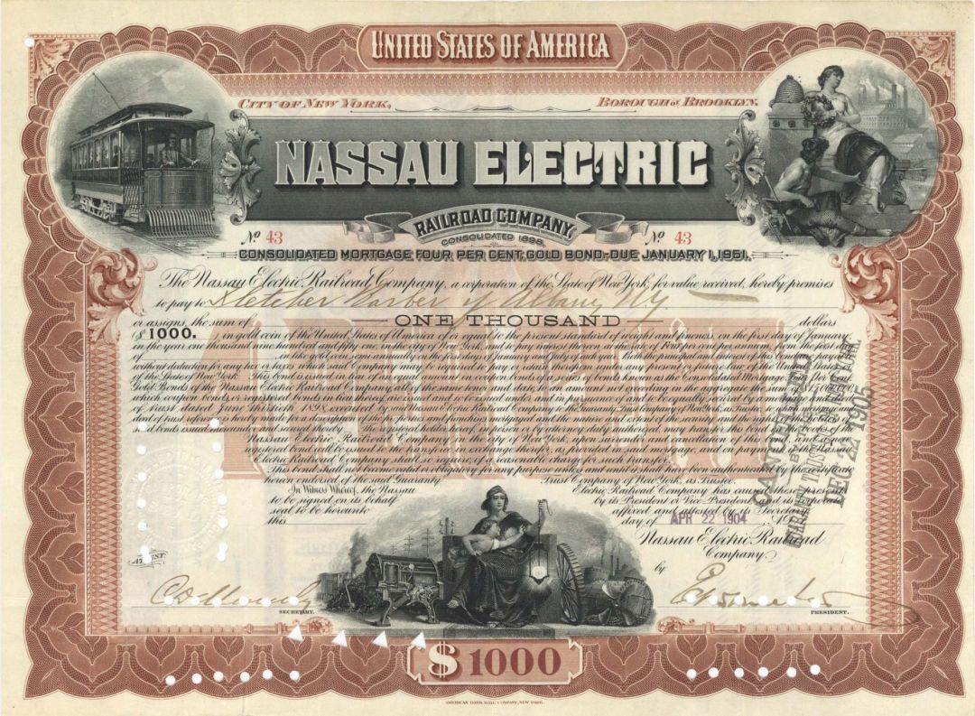 Nassau Electric Railroad Co. - 1904 or 1909 dated $1,000 Bond