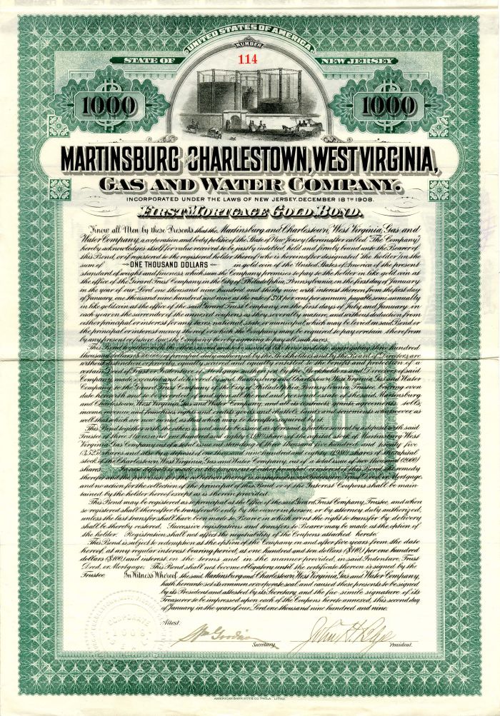 Martinsburg and Charlestown, West Virginia, Gas and Water Co. - $1,000 Utility Gold Bond