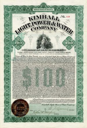 Kimball Light, Power and Water Company - $100 Bond